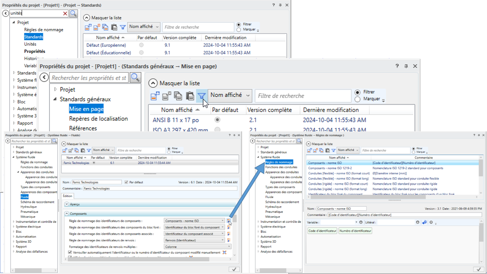 Recherche, filtre et navigation dans les propriétés du projet
